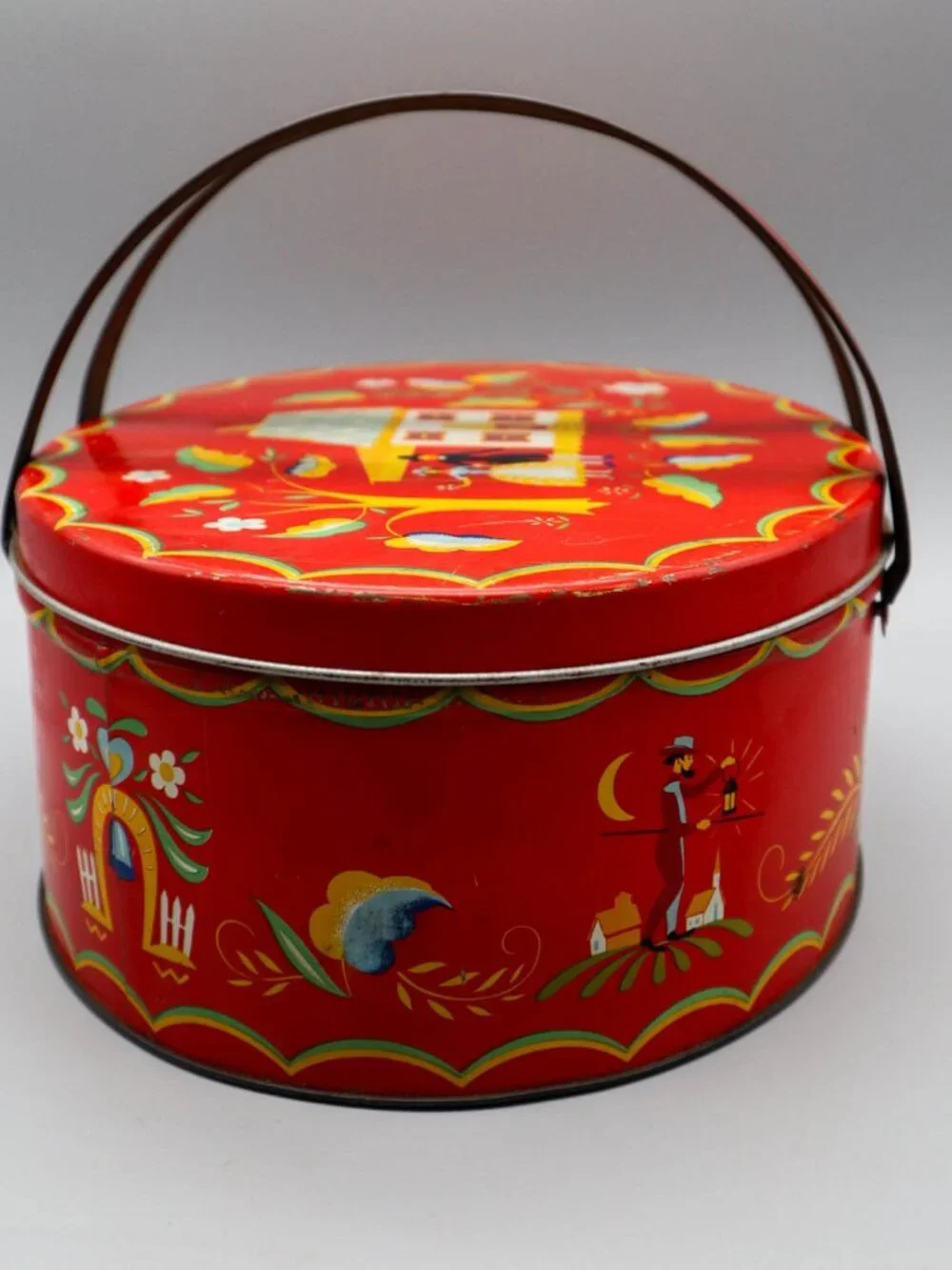Vintage Pennsylvania Dutch Folk Art Storage Tin Sewing Basket w/ Swivel Handles
